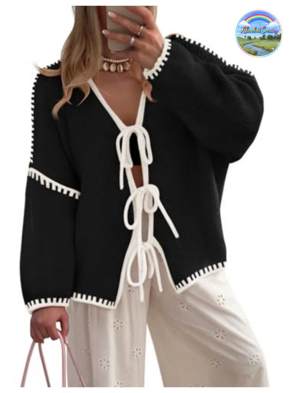 Oversized Tie Front Bow Cardigan Long Sleeve Knit Sweater